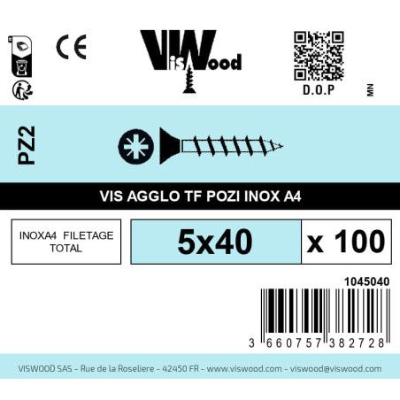 Boite 100 vis agglo 5 x 40mm tête Fraisée Pozidriv Inox A4 - Viswood