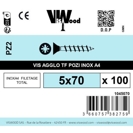 Boite 100 vis agglo 5 x 70mm tête Fraisée Pozidriv Inox A4 - Viswood