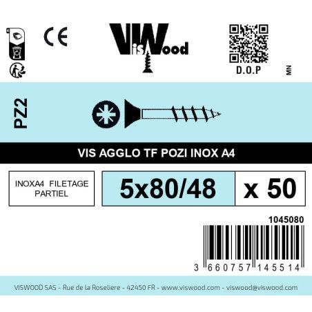 Boite 50 vis agglo 5 x 80/48mm tête Fraisée Pozidriv Inox A2 - Viswood
