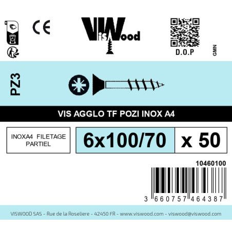 Boite 50 vis agglo 6 x 100/70mm tête Fraisée Pozidriv Inox A2 - Viswood
