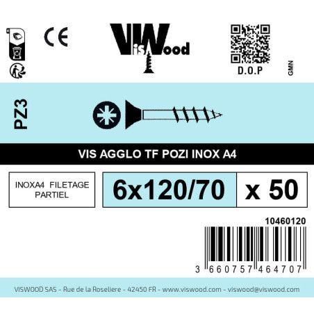 Boite 50 vis agglo 6 x 120/70mm tête Fraisée Pozidriv Inox A2 - Viswood