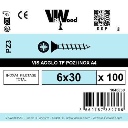 Boite 100 vis agglo 6 x 30mm tête Fraisée Pozidriv Inox A4 - Viswood