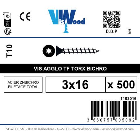 Boite 500 vis agglo 3 x 16mm tête Fraisée Torx Acier zingué bichromaté - Viswood