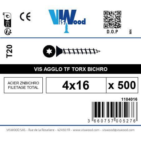 Boite 500 vis agglo 4 x 16mm tête Fraisée Torx Acier zingué bichromaté - Viswood