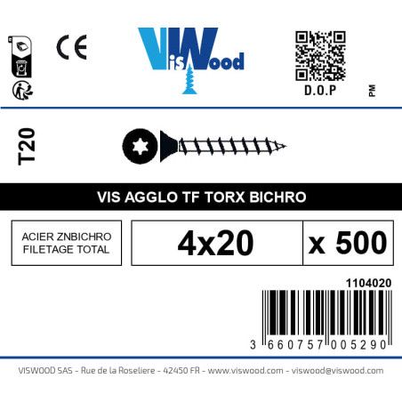 Boite 500 vis agglo 4 x 20mm tête Fraisée Torx Acier zingué bichromaté - Viswood