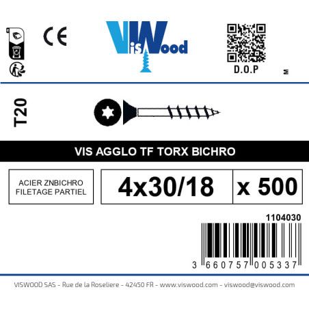 Boite 500 vis agglo 4 x 30/18mm tête Fraisée Torx Acier zingué bichromaté - Viswood