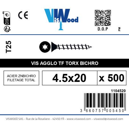 Boite 500 vis agglo 4.5 x 20mm tête Fraisée Torx Acier zingué bichromaté - Viswood