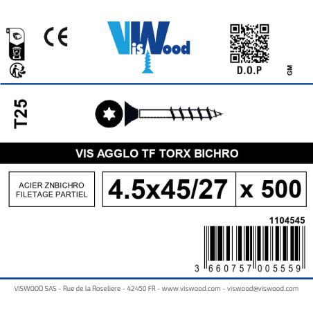 Boite 500 vis agglo 4.5 x 45/27mm tête Fraisée Torx Acier zingué bichromaté - Viswood