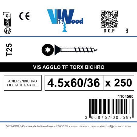 Boite 250 vis agglo 4.5 x 60/36mm tête Fraisée Torx Acier zingué bichromaté - Viswood