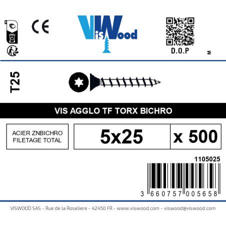Boite 500 vis agglo 5 x 25mm tête Fraisée Torx Acier zingué bichromaté - Viswood