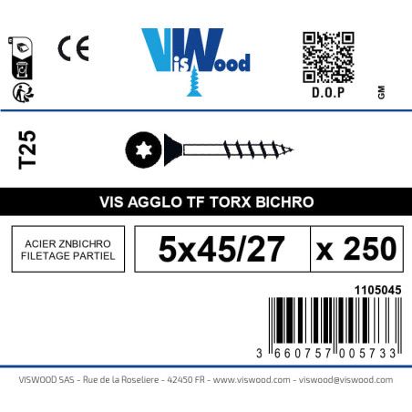 Boite 250 vis agglo 5 x 45/27mm tête Fraisée Torx Acier zingué bichromaté - Viswood
