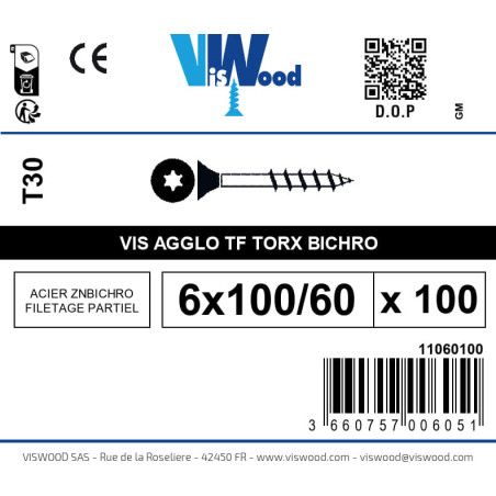 Boite 100 vis agglo 6 x 100/60mm tête Fraisée Torx Acier zingué bichromaté - Viswood