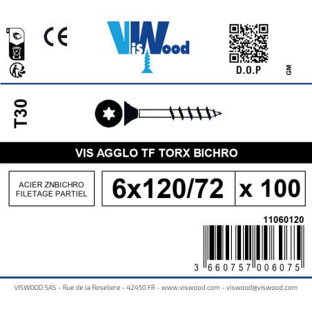 Boite 100 vis agglo 6 x 120/72mm tête Fraisée Torx Acier zingué bichromaté - Viswood