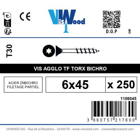 Boite 250 vis agglo 6 x 45mm tête Fraisée Torx Acier zingué bichromaté - Viswood