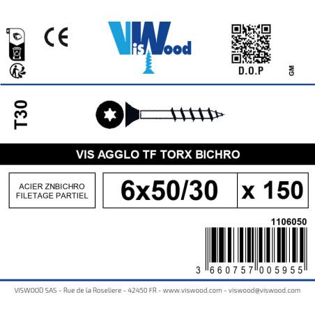 Boite 150 vis agglo 6 x 50/30mm tête Fraisée Torx Acier zingué bichromaté - Viswood