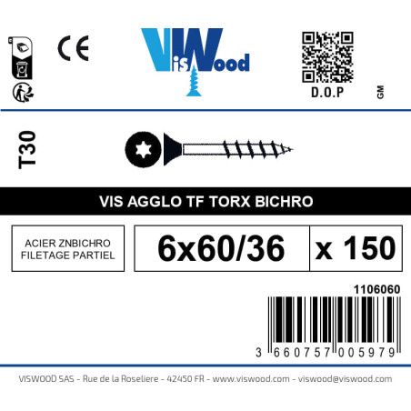 Boite 150 vis agglo 6 x 60/36mm tête Fraisée Torx Acier zingué bichromaté - Viswood