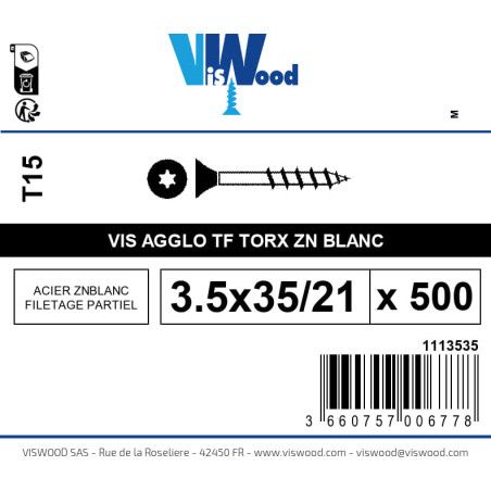 Boite 500 vis agglo 3.5 x 35/21mm tête Fraisée Torx Acier zingué blanc - Viswood