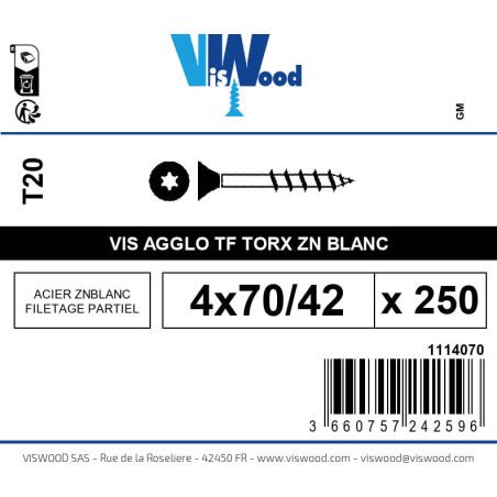 Boite 250 vis agglo 4 x 70/42mm tête Fraisée Torx Acier zingué blanc - Viswood
