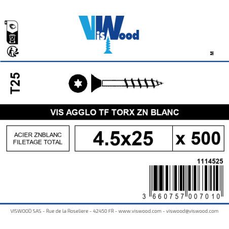 Boite 500 vis agglo 4.5 x 25mm tête Fraisée Torx Acier zingué blanc - Viswood