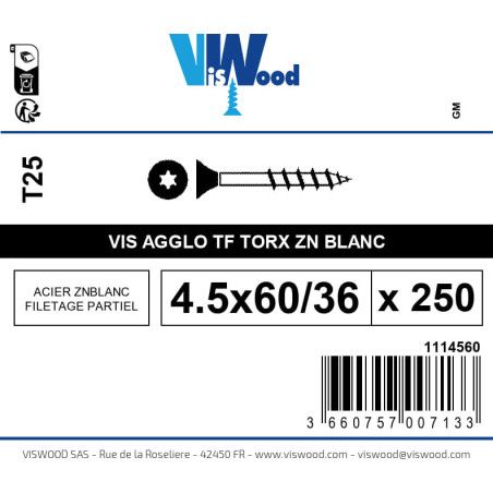 Boite 250 vis agglo 4.5 x 60/36mm tête Fraisée Torx Acier zingué blanc - Viswood