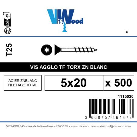 Boite 500 vis agglo 5 x 25mm tête Fraisée Torx Acier zingué blanc - Viswood