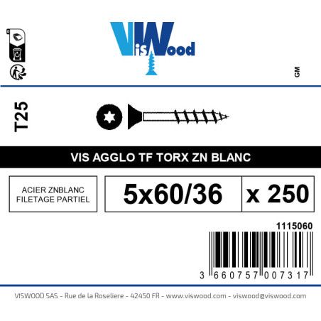Boite 250 vis agglo 5 x 60/36mm tête Fraisée Torx Acier zingué blanc - Viswood