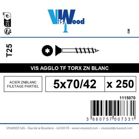 Boite 250 vis agglo 5 x 70/42mm tête Fraisée Torx Acier zingué blanc - Viswood