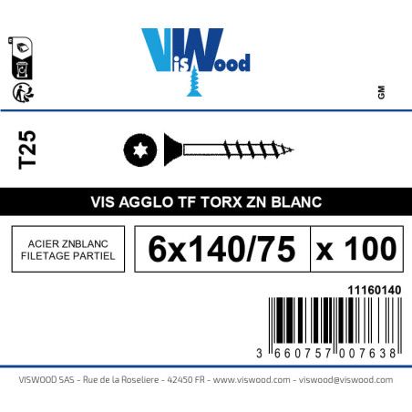 Boite 100 vis agglo 6 x 140/75mm tête Fraisée Torx Acier zingué blanc - Viswood