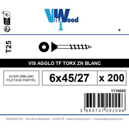 Boite 200 vis agglo 6 x 45/27mm tête Fraisée Torx Acier zingué blanc - Viswood