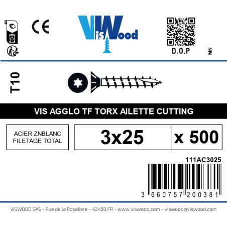 Boite 500 vis agglo 3 x 25mm tête Fraisée Torx Acier zingué blanc - Viswood