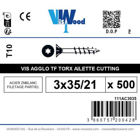 Boite 500 vis agglo 3 x 35/21mm tête Fraisée Torx Acier zingué blanc - Viswood