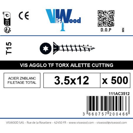 Boite 500 vis agglo 3.5 x 12mm tête Fraisée Torx Acier zingué blanc - Viswood