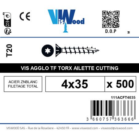 Boite 500 vis agglo 4 x 35mm tête Fraisée Torx Acier zingué blanc - Viswood