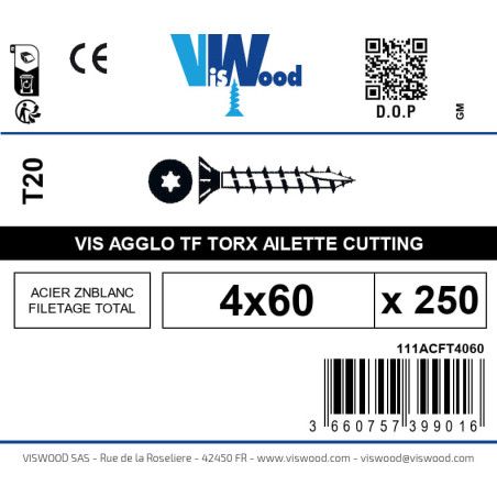 Boite 250 vis agglo 4 x 60mm tête Fraisée Torx Acier zingué blanc - Viswood