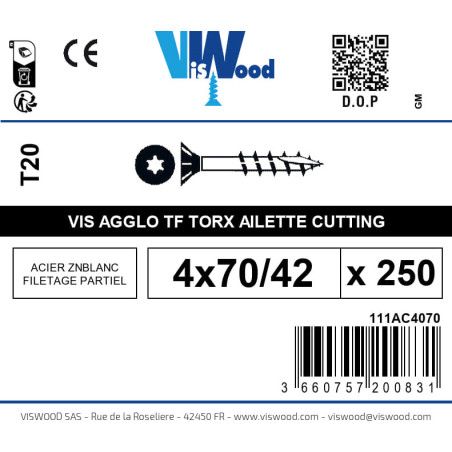 Boite 250 vis agglo 4 x 70/42mm tête Fraisée Torx Acier zingué blanc - Viswood