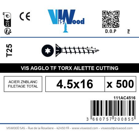Boite 500 vis agglo 4.5 x 16mm tête Fraisée Torx Acier zingué blanc - Viswood