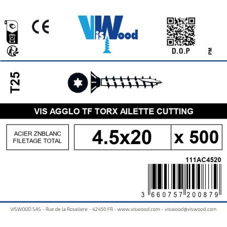 Boite 500 vis agglo 4.5 x 20mm tête Fraisée Torx Acier zingué blanc - Viswood