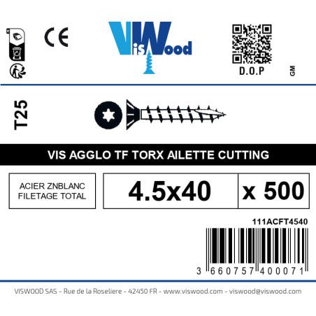 Boite 500 vis agglo 4.5 x 40mm tête Fraisée Torx Acier zingué blanc - Viswood