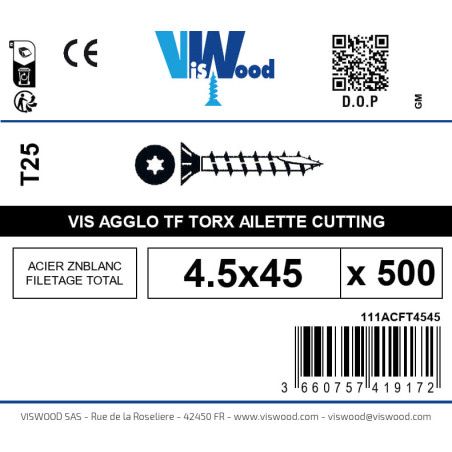 Boite 500 vis agglo 4.5 x 45mm tête Fraisée Torx Acier zingué blanc - Viswood