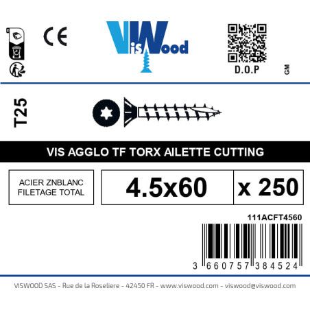Boite 250 vis agglo 4.5 x 60mm tête Fraisée Torx Acier zingué blanc - Viswood