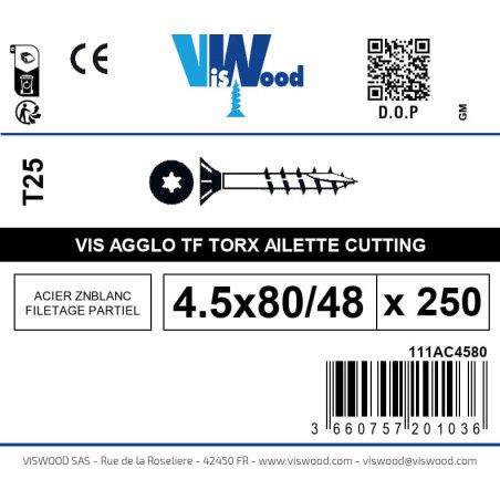Boite 250 vis agglo 4.5 x 80/48mm tête Fraisée Torx Acier zingué blanc - Viswood