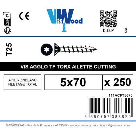 Boite 250 vis agglo 5 x 70mm tête Fraisée Torx Acier zingué blanc - Viswood
