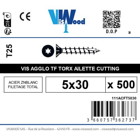Boite 500 vis agglo 5 x 30mm tête Fraisée Torx Acier zingué blanc - Viswood