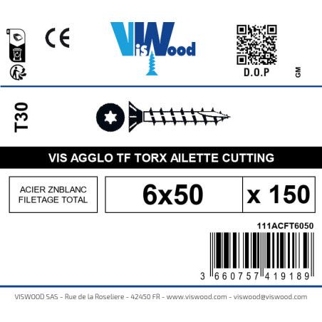 Boite 150 vis agglo 6 x 50mm tête Fraisée Torx Acier zingué blanc - Viswood