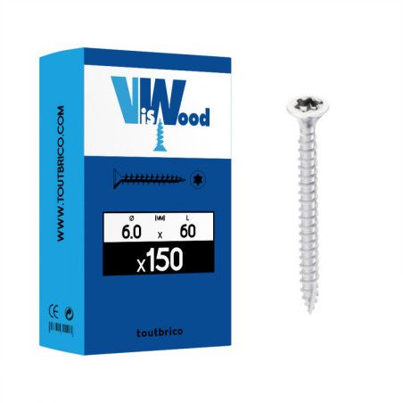 Boite 150 vis agglo 6 x 60mm tête Fraisée Torx Acier zingué blanc - Viswood