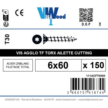 Boite 150 vis agglo 6 x 60mm tête Fraisée Torx Acier zingué blanc - Viswood
