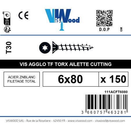 Boite 150 vis agglo 6 x 80mm tête Fraisée Torx Acier zingué blanc - Viswood