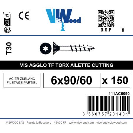 Boite 150 vis agglo 6 x 90/60mm tête Fraisée Torx Acier zingué blanc - Viswood