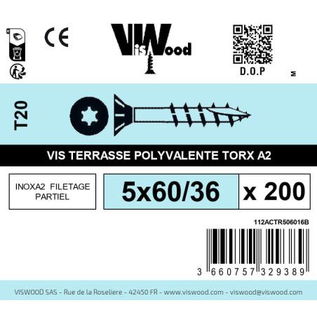 Boite 200 vis agglo 5 x 60/36mm tête Fraisée Torx Inox A2 - Viswood