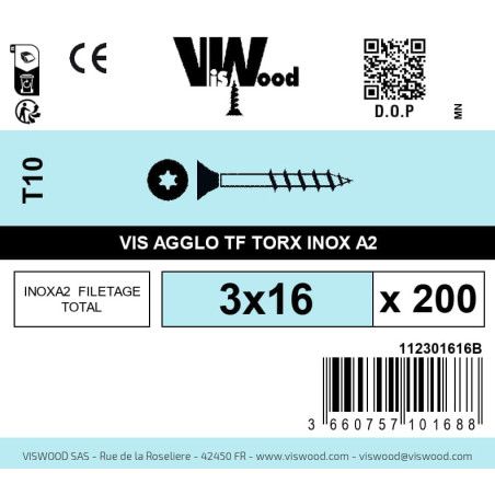 Boite 200 vis agglo 3 x 16mm tête Fraisée Torx Inox A2 - Viswood
